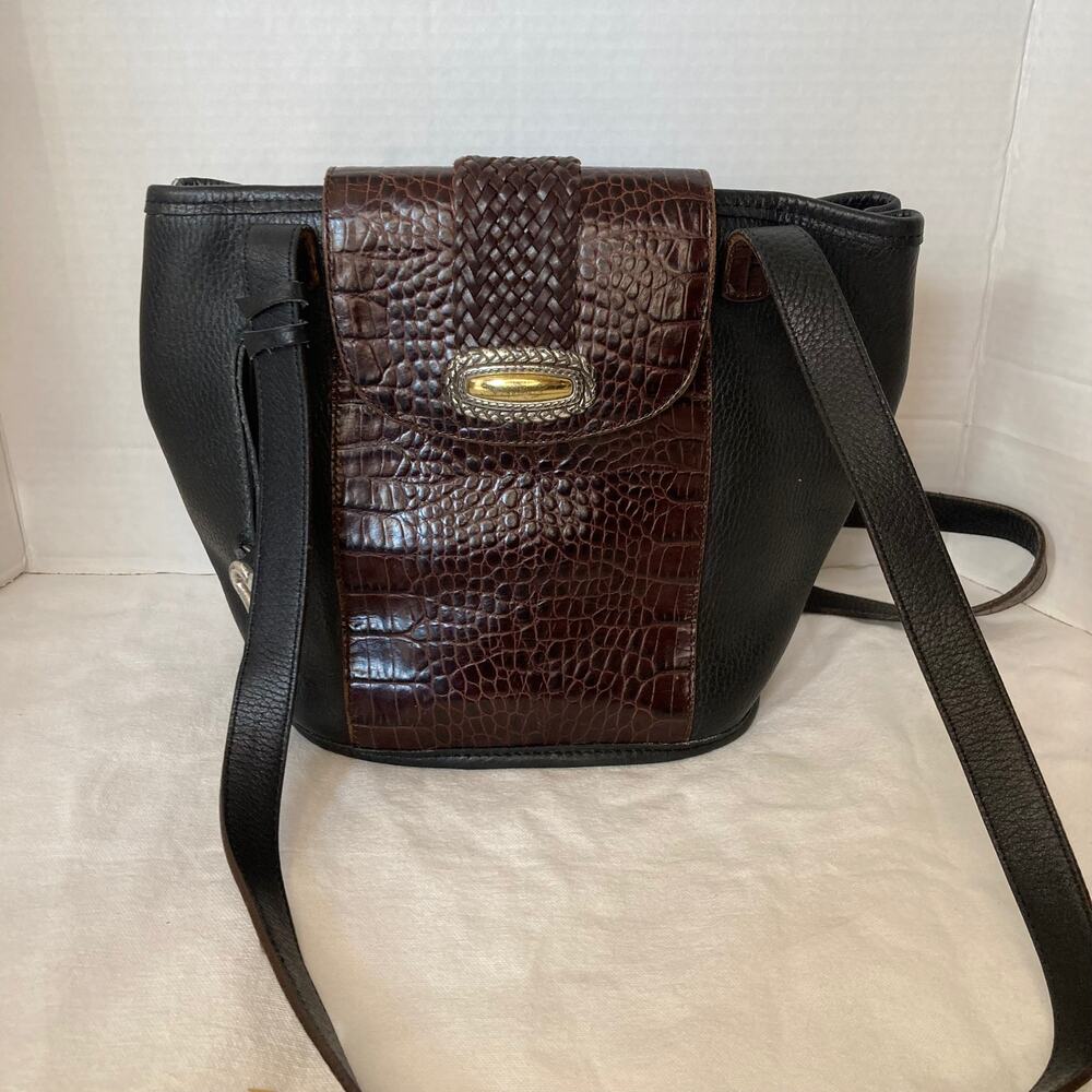 Vintage Brighton Black Brown Croc Embossed Leather Shoulder Bag - Picture 2 of 12